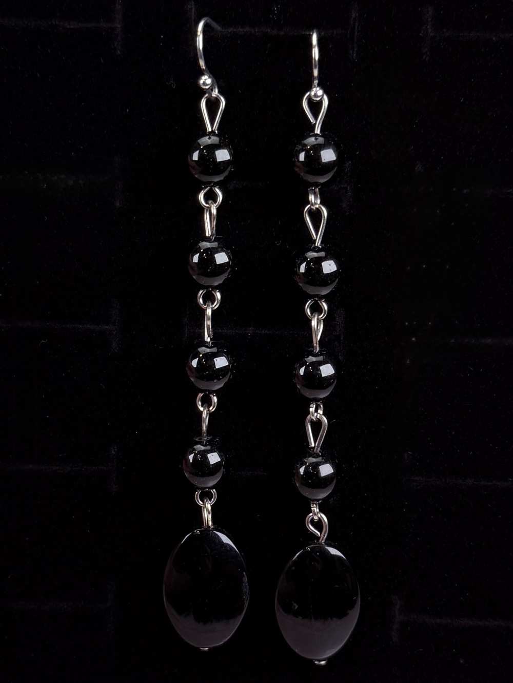 Long Black Beaded Silvertone Pierced Earrings